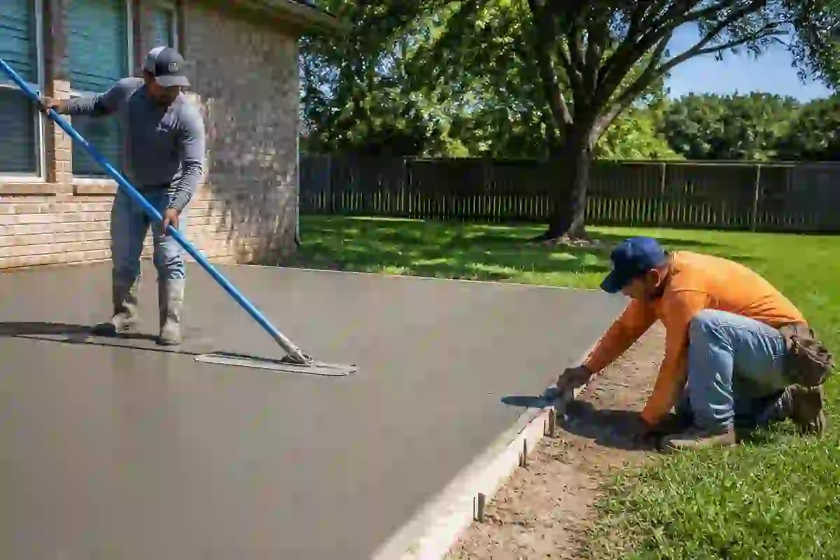 Concrete crew finishing a backyard patio slab in Waco, Texas